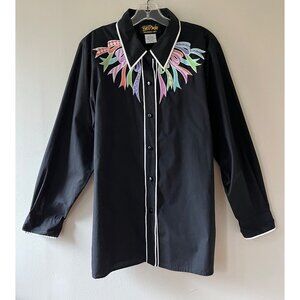 Bob Mackie Sz L Wearable Art Shirt Womens Black Embroidered Western Button Up